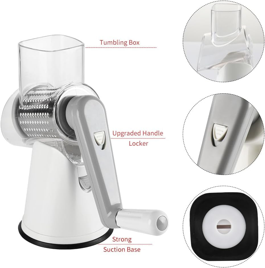 Rotary Cheese Grater Hand Crank Cheese Shredder for Fresh Cheese, Vegetable, Nuts,Non-Slip Suction Base, Free Cleaning Brush Three Blades, White