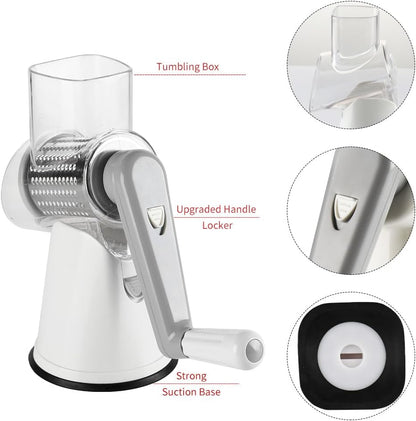 Rotary Cheese Grater Hand Crank Cheese Shredder for Fresh Cheese, Vegetable, Nuts,Non-Slip Suction Base, Free Cleaning Brush Three Blades, White