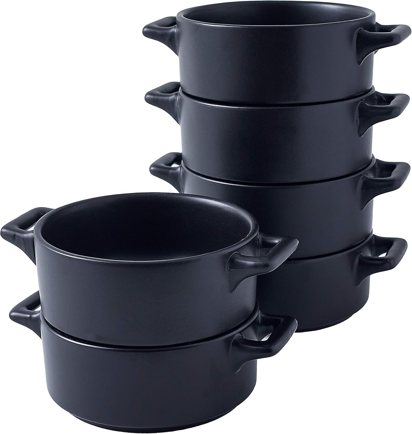 Ceramic Ramekin Set of 6 Serving Plates. 10 Oz Porcelain Baking Skillet for Souffle Dishes with Handles. Safe for Oven, Microwave, Dishwasher. Serving Dish, Matte Black