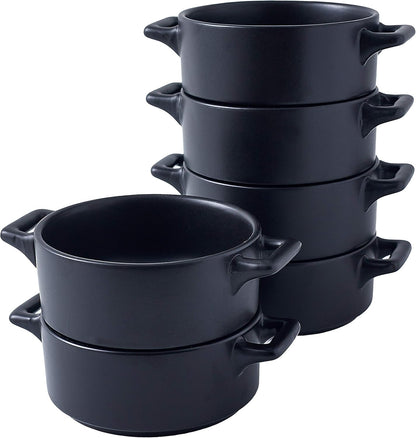 Ceramic Ramekin Set of 6 Serving Plates. 10 Oz Porcelain Baking Skillet for Souffle Dishes with Handles. Safe for Oven, Microwave, Dishwasher. Serving Dish, Matte Black