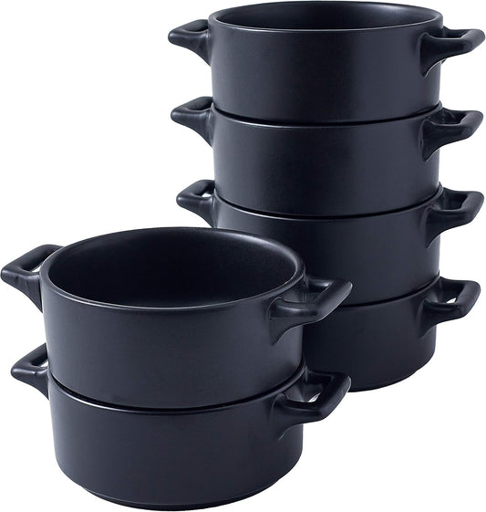 Ceramic Ramekin Set of 6 Serving Plates. 10 Oz Porcelain Baking Skillet for Souffle Dishes with Handles. Safe for Oven, Microwave, Dishwasher. Serving Dish, Matte Black