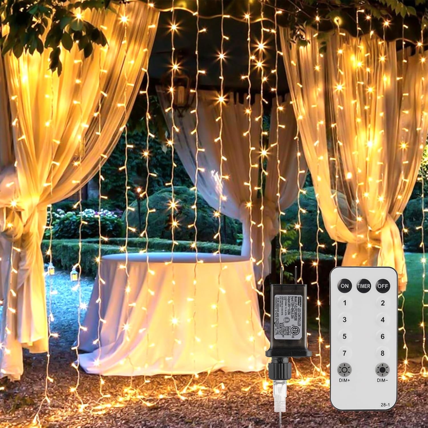 300 LED Curtain String Lights, 9.8 FT Hanging Fairy Lights with Remote, 8 Modes, Connectable Waterproof Window Lights for Bedroom Backdrop Wedding Outdoor Christmas Party, Warm White