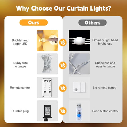 300 LED Curtain String Lights, 9.8 FT Hanging Fairy Lights with Remote, 8 Modes, Connectable Waterproof Window Lights for Bedroom Backdrop Wedding Outdoor Christmas Party, Warm White