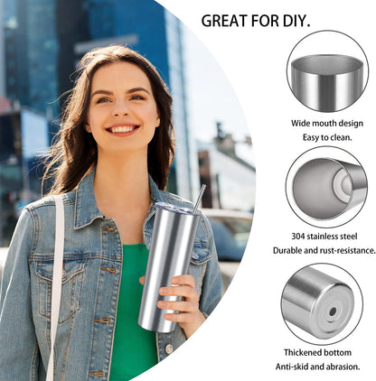 20 Oz Skinny Stainless Steel Tumbler Set with Lids, Insulated Slim Water Tumbler for DIY, Silver