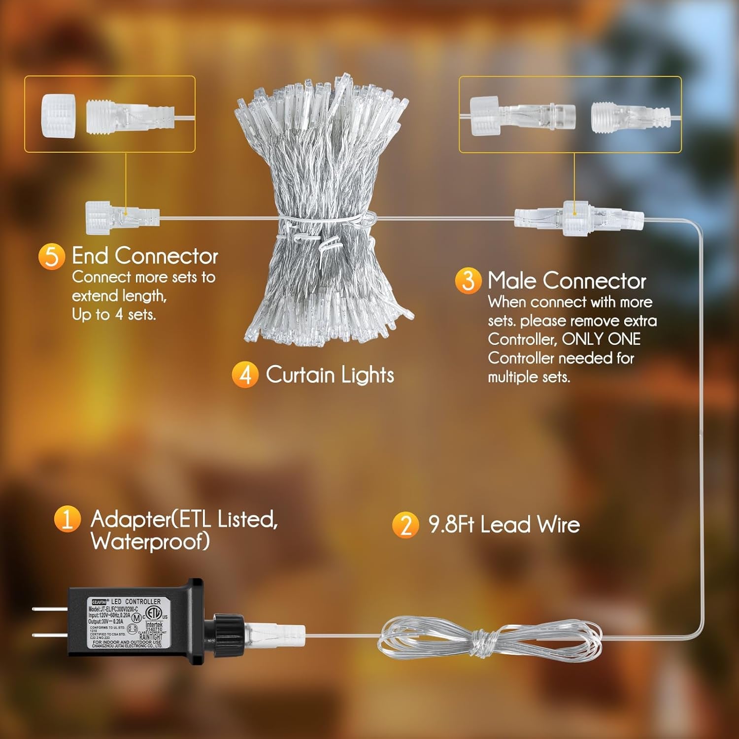 300 LED Curtain String Lights, 9.8 FT Hanging Fairy Lights with Remote, 8 Modes, Connectable Waterproof Window Lights for Bedroom Backdrop Wedding Outdoor Christmas Party, Warm White