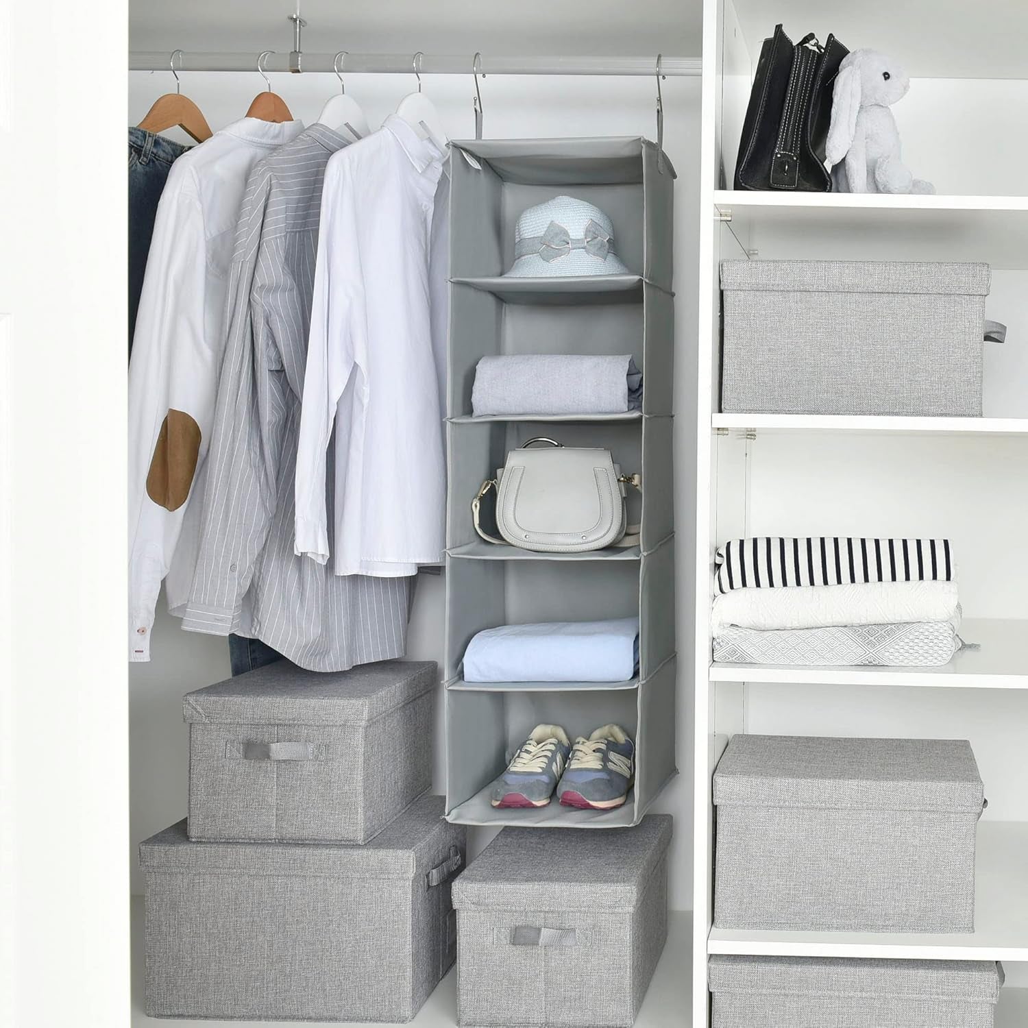 5-Shelf Hanging Closet Organizers and Storage, Hanging Shelves for Closet Storage, Collapsible Hanging Shelf Organizer for Clothes Organization, Light Gray, 12 ¼" D X 12 ¼" W X 45 ½" H
