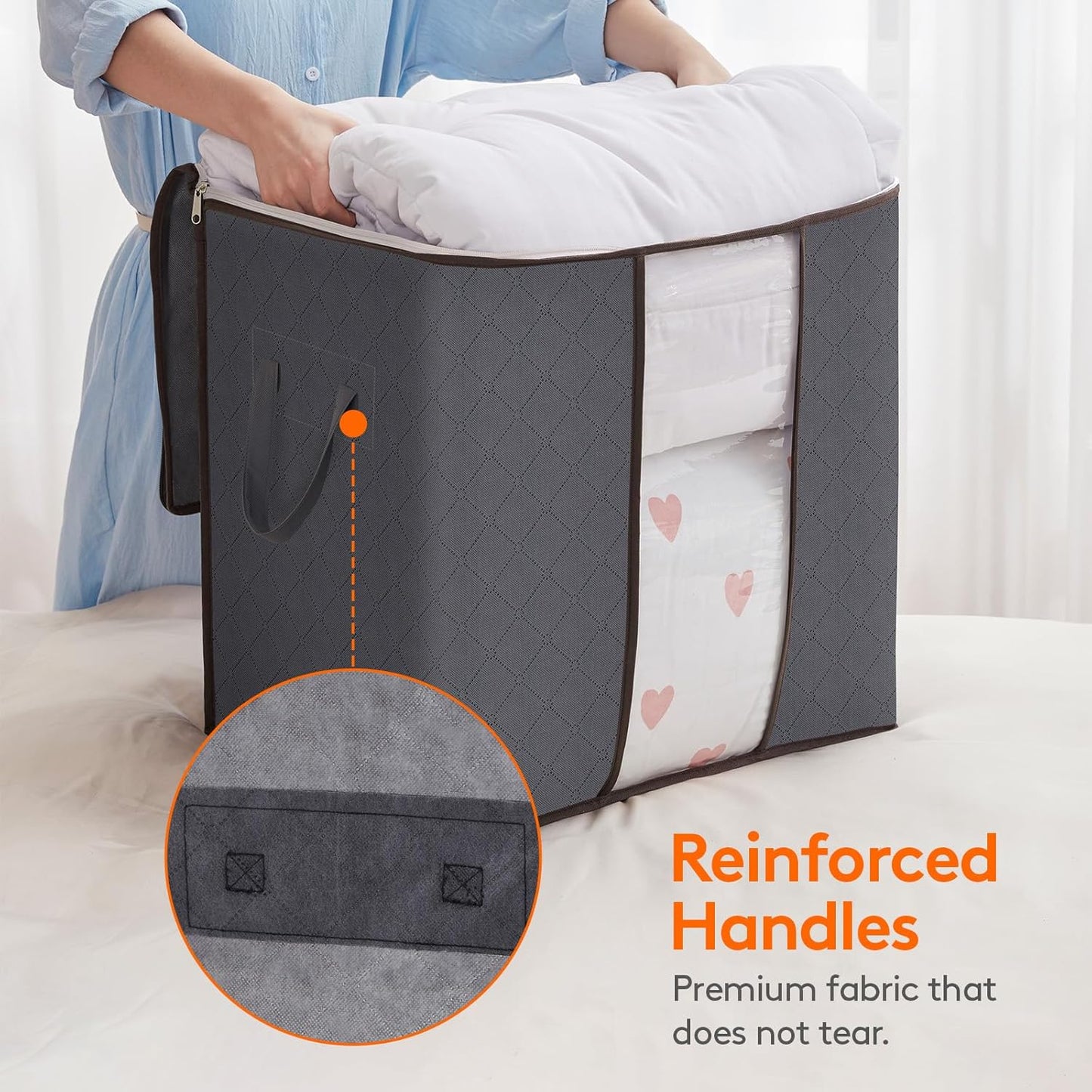 3 Pack Clothes Storage Bins with Lids, Foldable Blanket Storage Bags with Zippers, Clear Window and Reinforced Handles, Closet and Organization for Clothing, Sweater, Comforter, Bedding, Gray