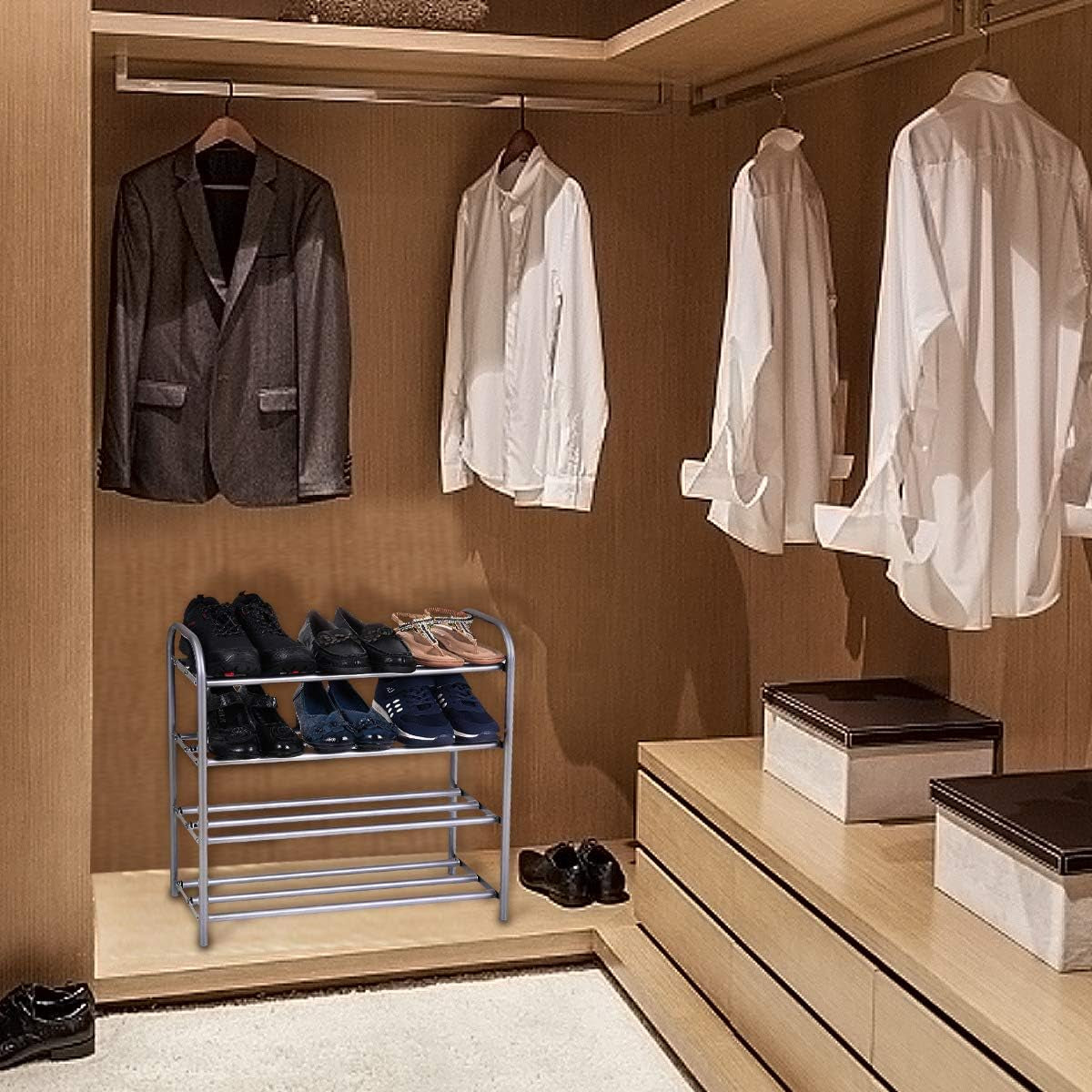 Shoe Rack Organizer for Closet Entryway, 4 Tiers Adjustable Heavy Duty Metal Shoe Storage Shelf, Large Enough for 20+ Pairs of Shoes (23.6"~41.7"X8.9"X24.2")(Silver)