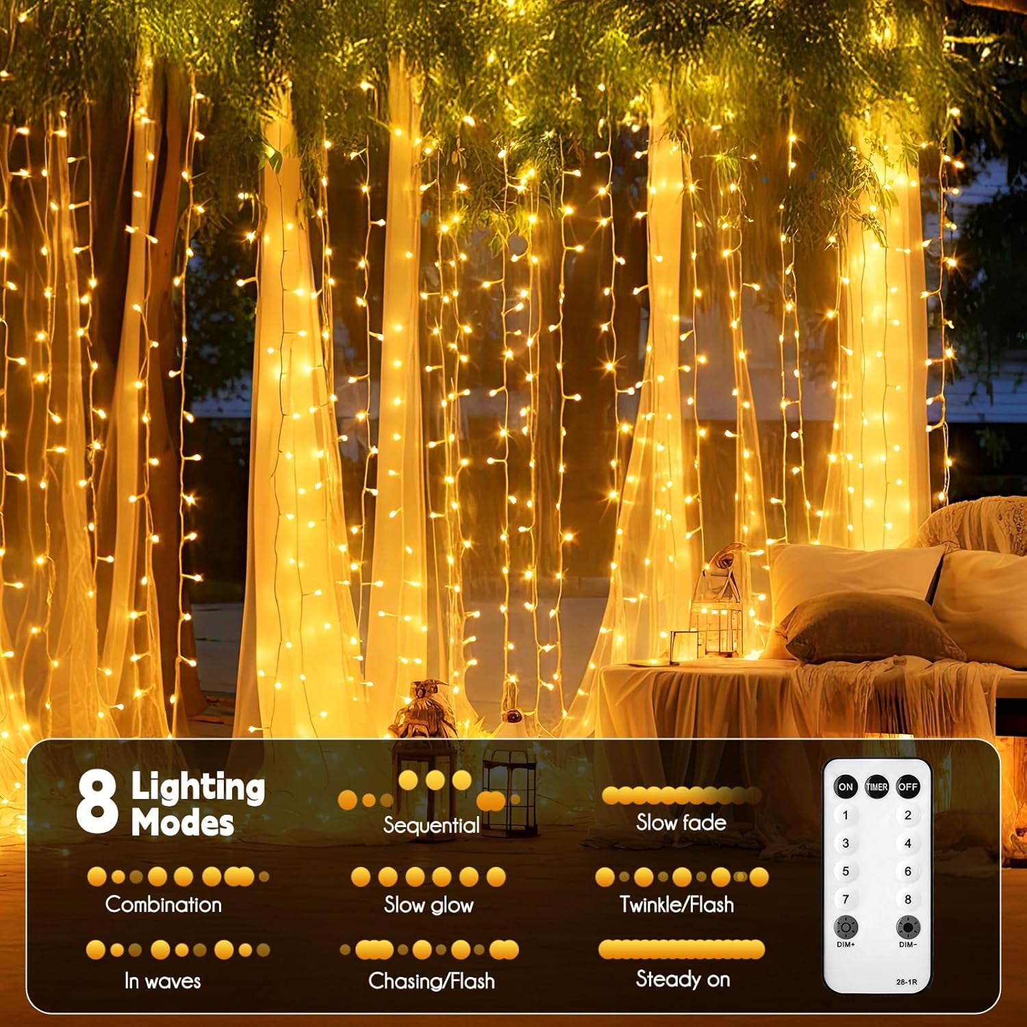 300 LED Curtain String Lights, 9.8 FT Hanging Fairy Lights with Remote, 8 Modes, Connectable Waterproof Window Lights for Bedroom Backdrop Wedding Outdoor Christmas Party, Warm White