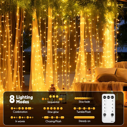 300 LED Curtain String Lights, 9.8 FT Hanging Fairy Lights with Remote, 8 Modes, Connectable Waterproof Window Lights for Bedroom Backdrop Wedding Outdoor Christmas Party, Warm White