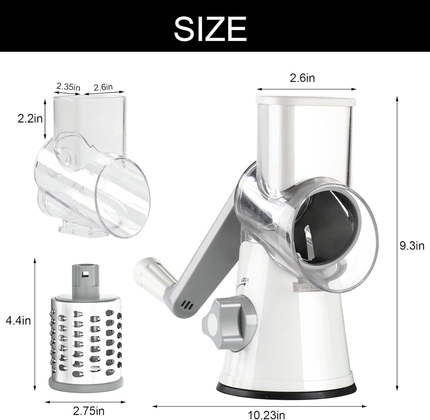 Rotary Cheese Grater Hand Crank Cheese Shredder for Fresh Cheese, Vegetable, Nuts,Non-Slip Suction Base, Free Cleaning Brush Three Blades, White