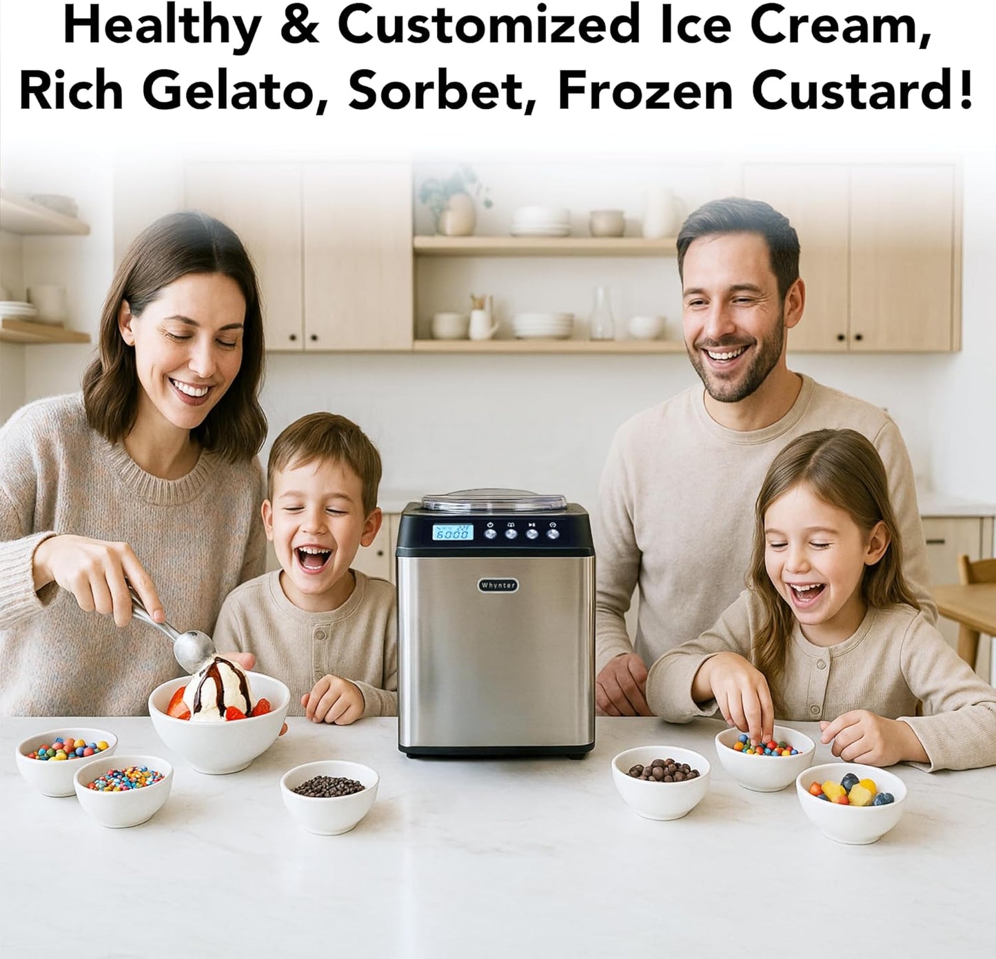 Ice Cream Maker Machine Automatic 2.1 Qt. Upright with Built-In Compressor, LCD Digital Display & Timer, No Pre-Freezing, ICM-201SB, Stainless Steel