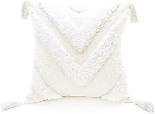 Boho White Throw Pillow Cover 18X18 Inch with Tassels, Chevron Tufted Decorative Cream Soft Chenille Fabric Accent Textured Cushion Case for Bed Couch, 1 PC Cover Only No Insert