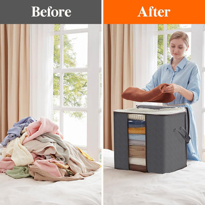 3 Pack Clothes Storage Bins with Lids, Foldable Blanket Storage Bags with Zippers, Clear Window and Reinforced Handles, Closet and Organization for Clothing, Sweater, Comforter, Bedding, Gray