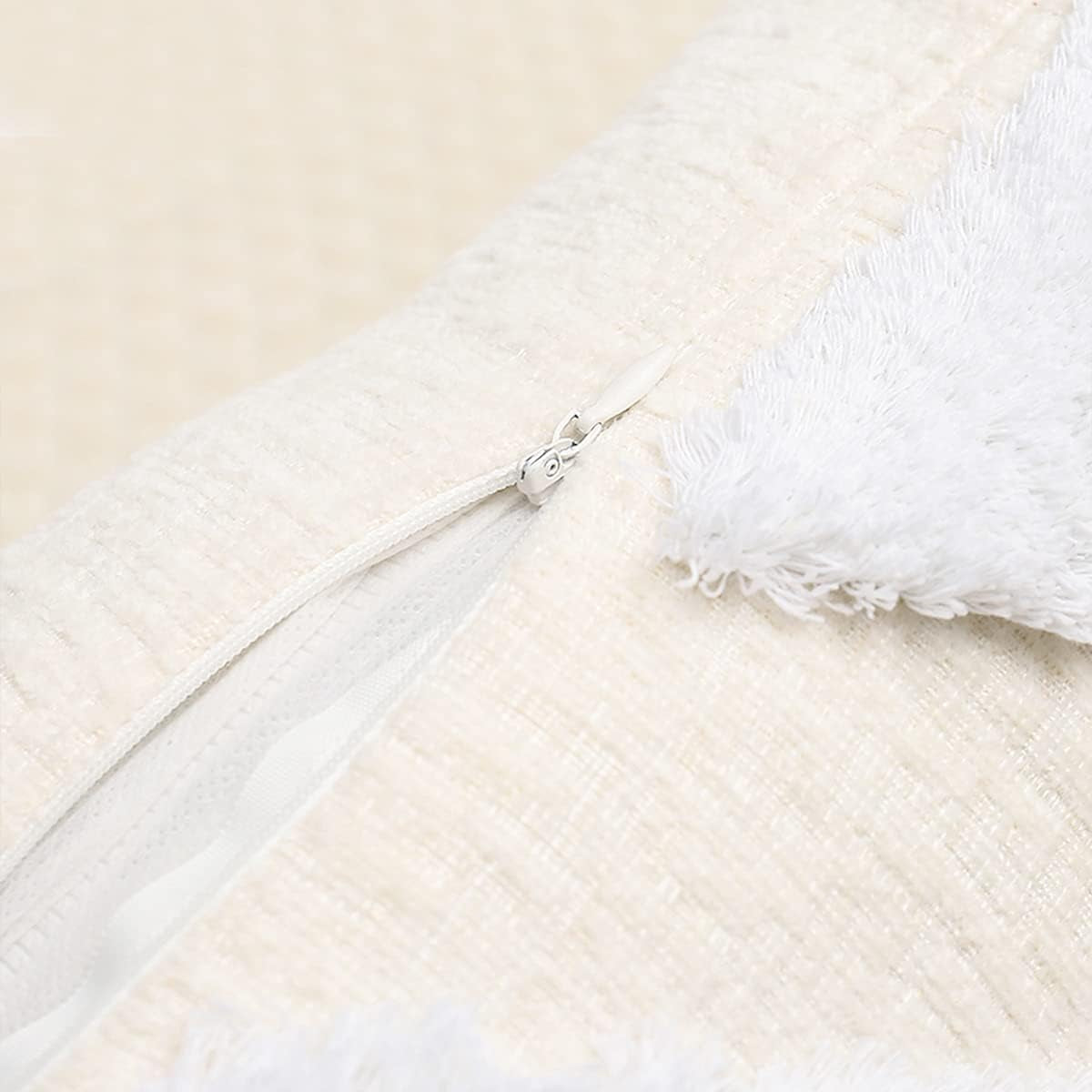 Boho White Throw Pillow Cover 18X18 Inch with Tassels, Chevron Tufted Decorative Cream Soft Chenille Fabric Accent Textured Cushion Case for Bed Couch, 1 PC Cover Only No Insert