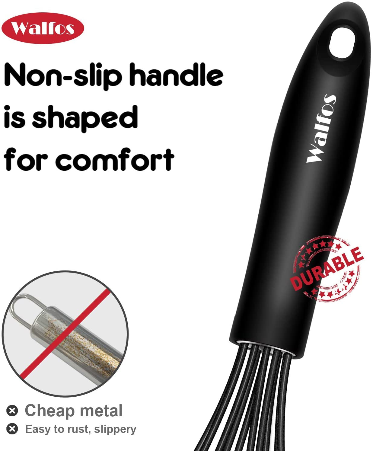 Silicone Whisk, Stainless Steel Wire Whisk - Heat Resistant Kitchen Whisks for Non-Stick Cookware, Balloon Egg Beater Perfect for Blending, Whisking, Beating, Frothing & Stirring, 8.5", Black