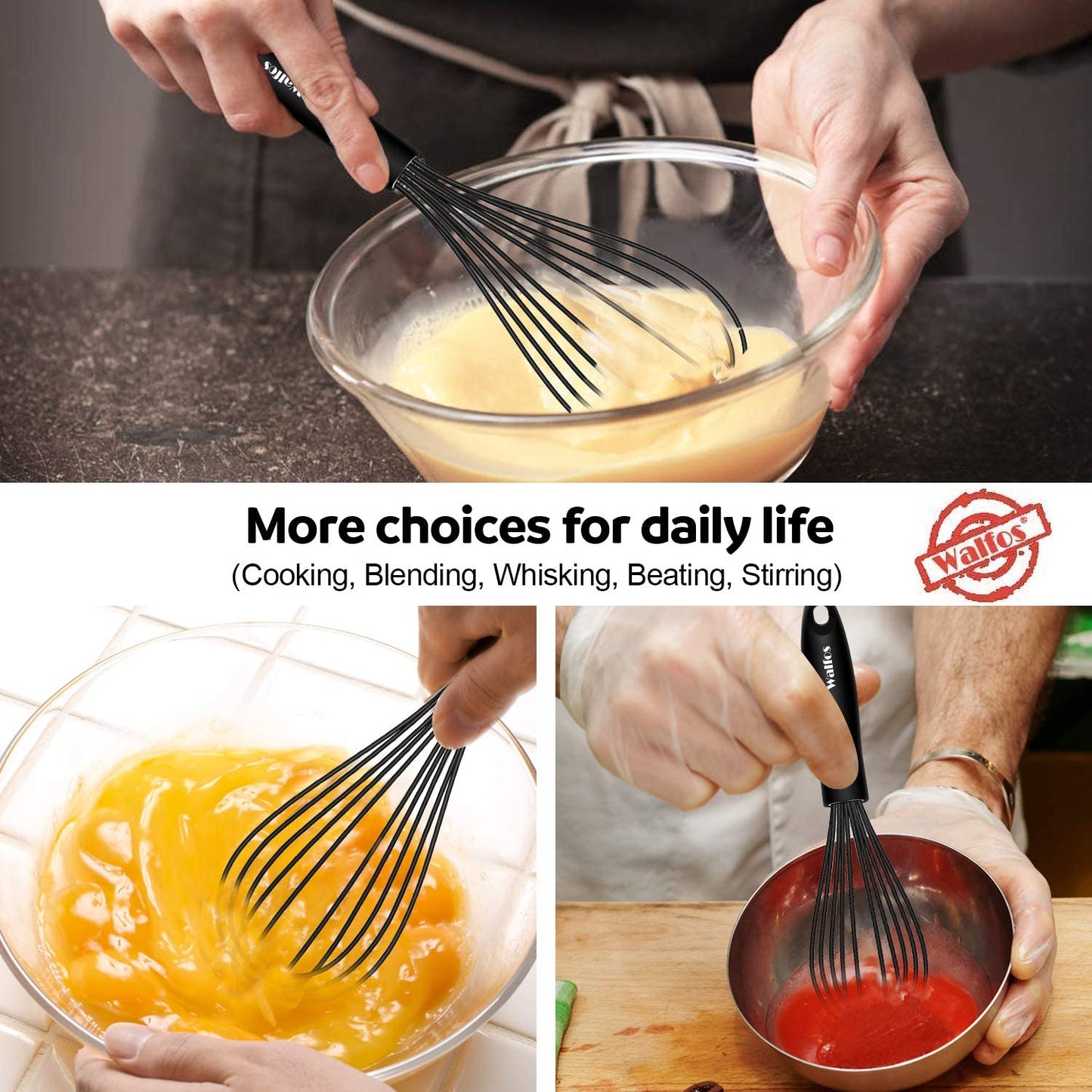 Silicone Whisk, Stainless Steel Wire Whisk - Heat Resistant Kitchen Whisks for Non-Stick Cookware, Balloon Egg Beater Perfect for Blending, Whisking, Beating, Frothing & Stirring, 8.5", Black