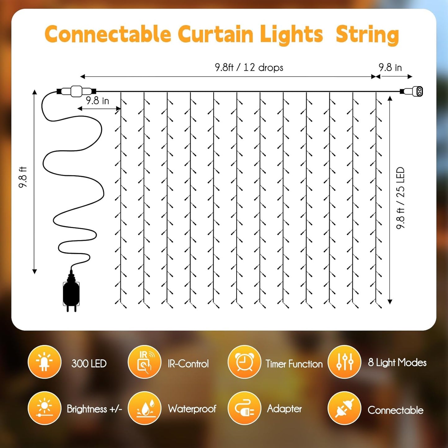 300 LED Curtain String Lights, 9.8 FT Hanging Fairy Lights with Remote, 8 Modes, Connectable Waterproof Window Lights for Bedroom Backdrop Wedding Outdoor Christmas Party, Warm White