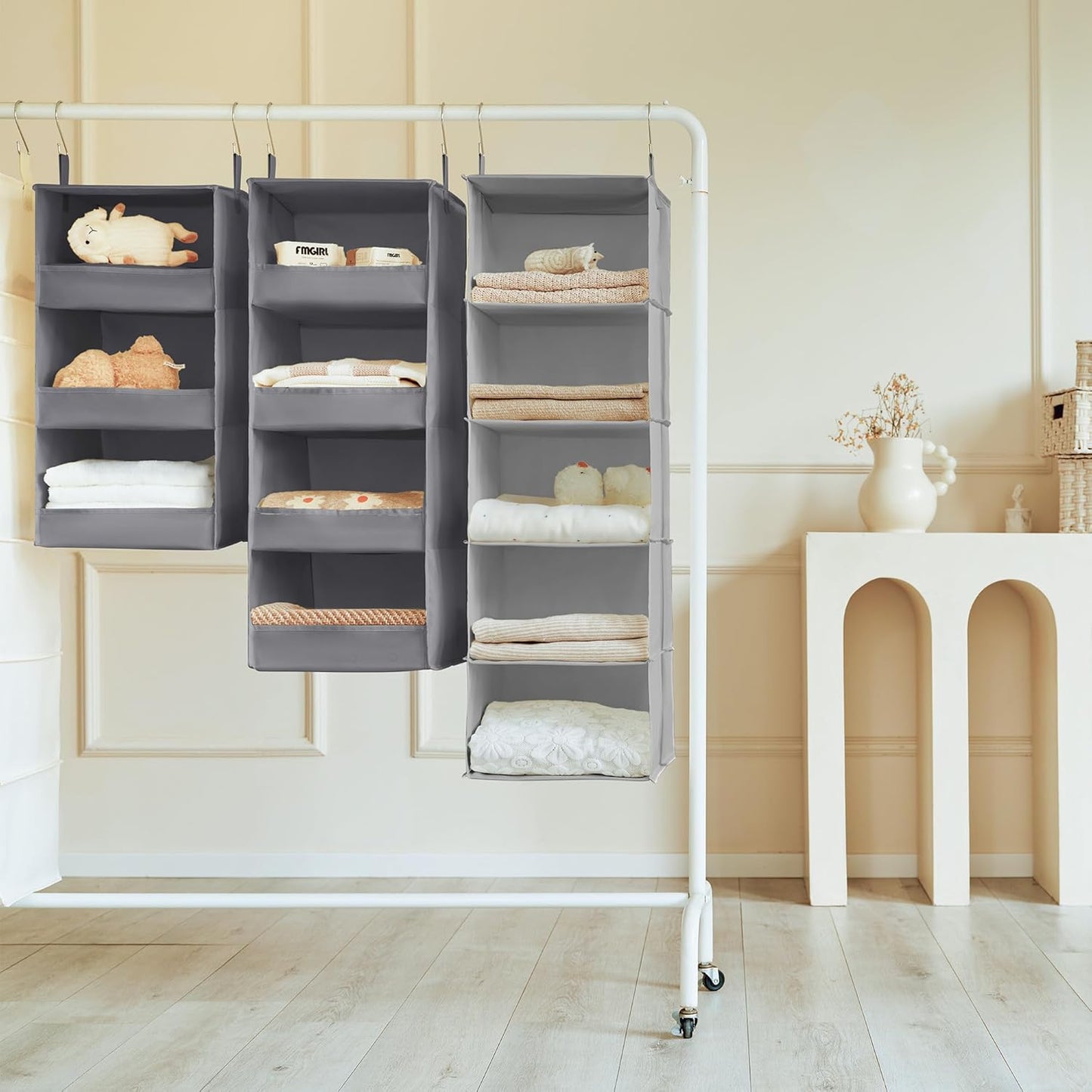5-Shelf Hanging Closet Organizers and Storage, Hanging Shelves for Closet Storage, Collapsible Hanging Shelf Organizer for Clothes Organization, Light Gray, 12 ¼" D X 12 ¼" W X 45 ½" H