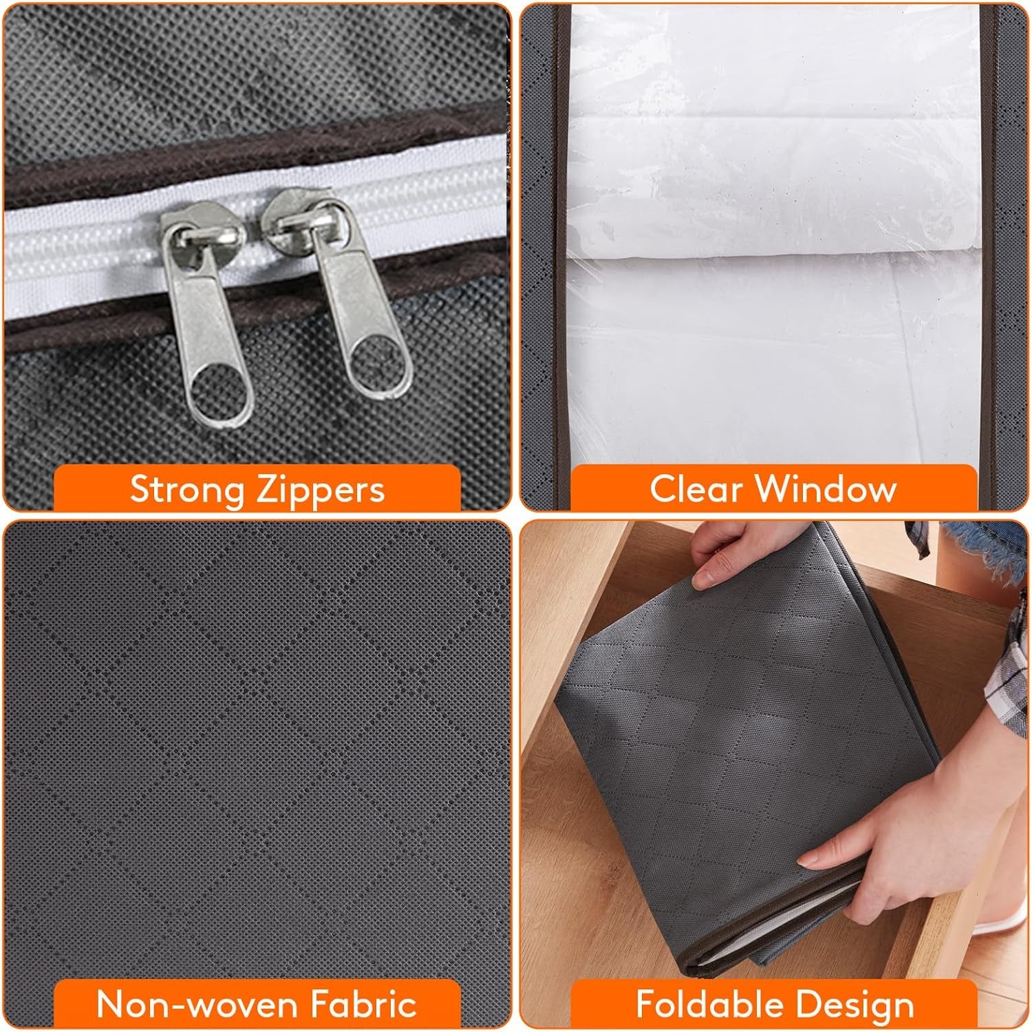 3 Pack Clothes Storage Bins with Lids, Foldable Blanket Storage Bags with Zippers, Clear Window and Reinforced Handles, Closet and Organization for Clothing, Sweater, Comforter, Bedding, Gray