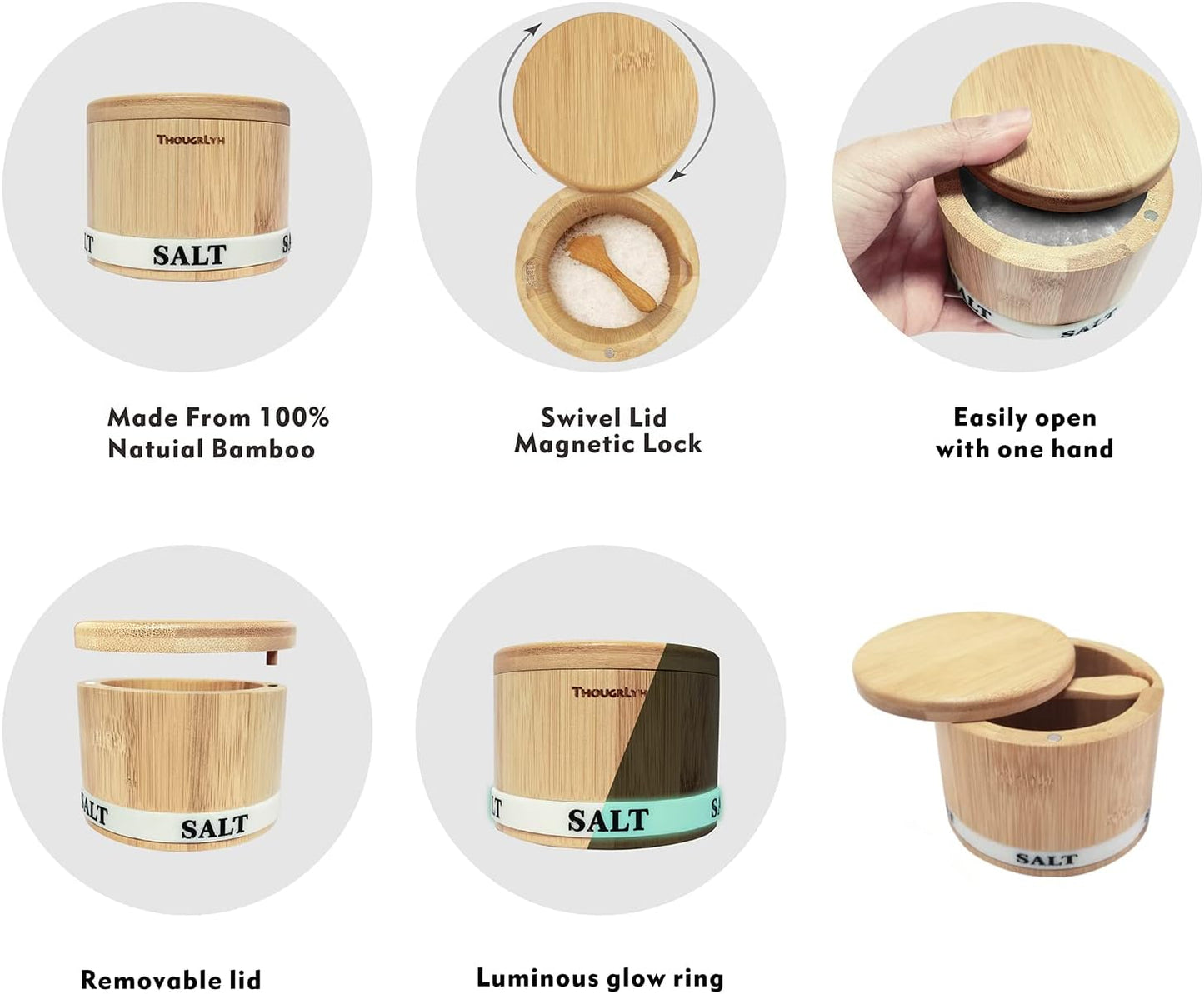 Salt Box Bamboo Salt Container with Swivel Lid and Spoon Small Spice Cellar with Label 8 Oz Capacity Salt Holder for Countertop with Magnetic to Easy Open and Seal