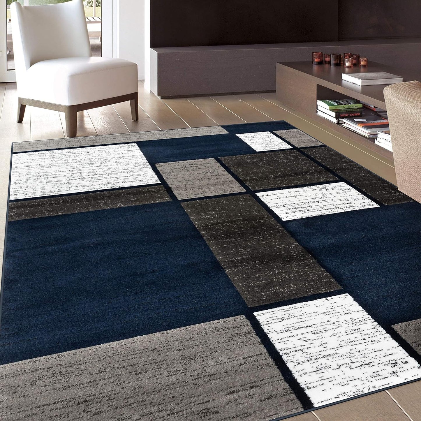 Modern Geometric Boxes Navy Area Rug, Fade-Resistant Carpet for Large Living Room, Bedroom, or Open Space, 10' X 14'