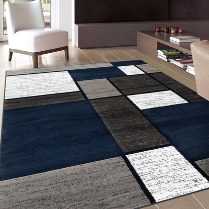 Modern Geometric Boxes Navy Area Rug, Fade-Resistant Carpet for Large Living Room, Bedroom, or Open Space, 10' X 14'