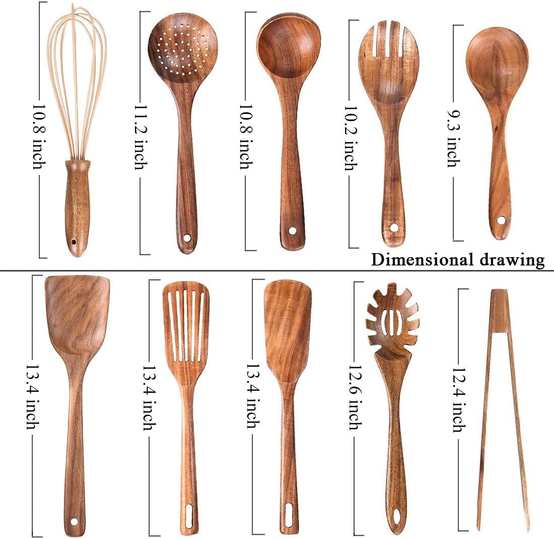 10 Pack Wooden Utensils for Cooking, Wood Utensil Set for Kitchen, Teak Wooden Spoon for Cooking, Non-Stick Spatula Ladle